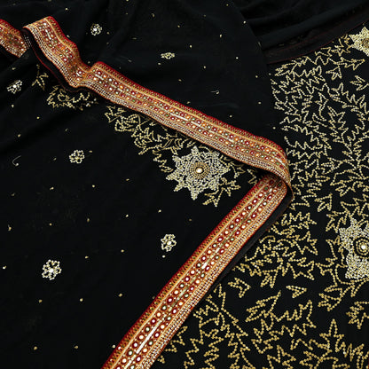 Indian Vintage Heavy Sari Black Pure Georgette Silk Hand Beaded Sarees Fabric 5Yd Sewing Soft Ethnic Glass Beaded Dress Making Silk sarees