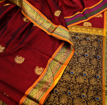 Indian Vintage Heavy Maroon & Brown Kanjivaram Saree 100% Pure Silk Sari Zari 5Yd Floral Crafting Dress making Crafting Quilting