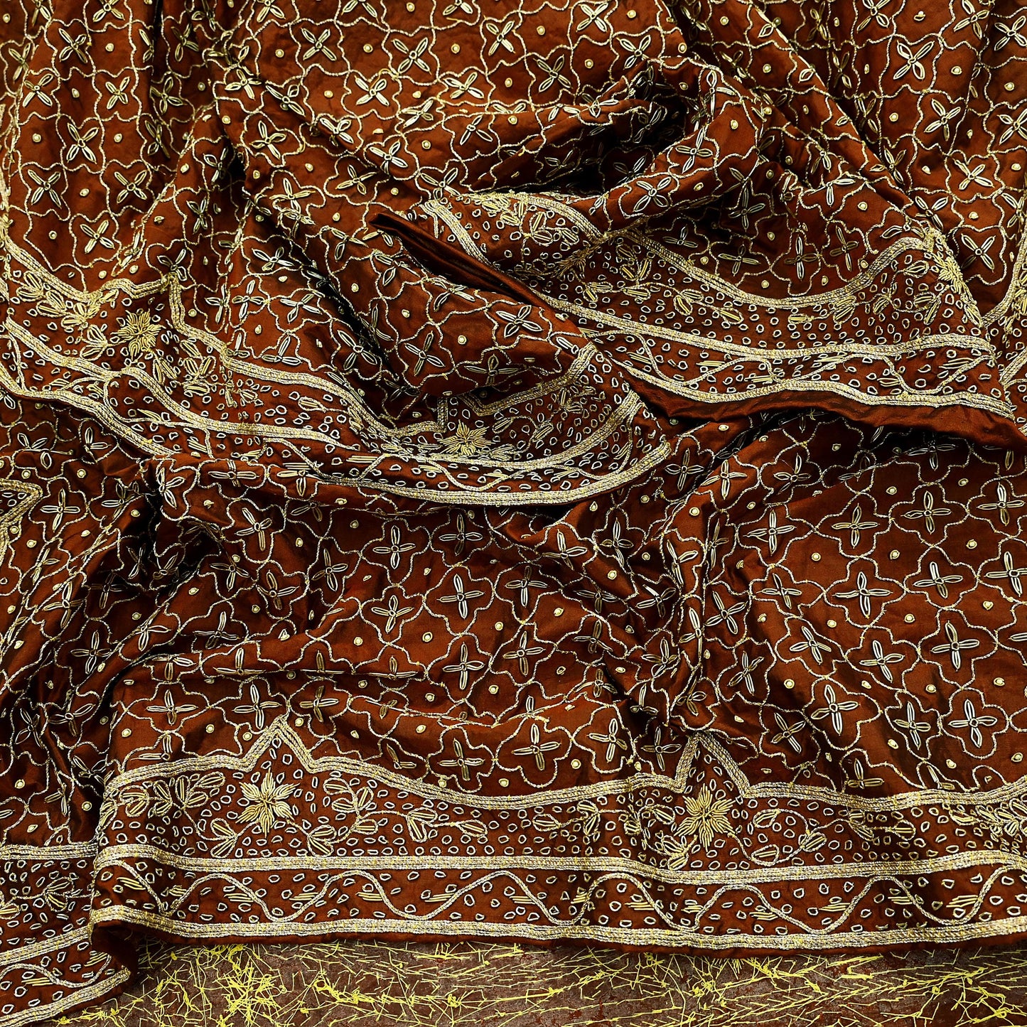 Indian Vintage Heavy Rusty Dupatta Pure Silk Long Stole Hand Embroidered Scarves Dabka Zardozi Zari Stole Wedding Bridal Dupatta Veil