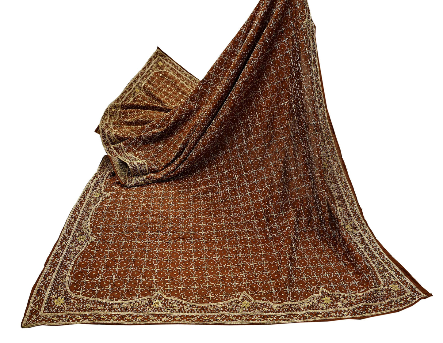 Indian Vintage Heavy Rusty Dupatta Pure Silk Long Stole Hand Embroidered Scarves Dabka Zardozi Zari Stole Wedding Bridal Dupatta Veil