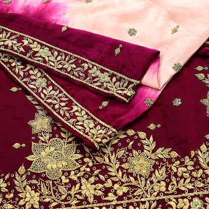 Indian Vintage Heavy Wedding Peach & Maroon Dupatta Pure Satin Silk Long Stole Hand Embroidered Scarves Golden Zardozi Veil