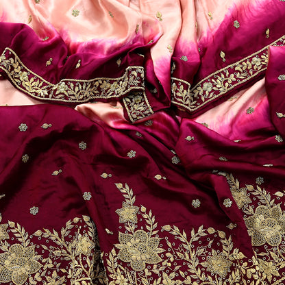 Indian Vintage Heavy Wedding Peach & Maroon Dupatta Pure Satin Silk Long Stole Hand Embroidered Scarves Golden Zardozi Veil