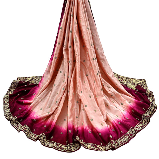 Indian Vintage Heavy Wedding Peach & Maroon Dupatta Pure Satin Silk Long Stole Hand Embroidered Scarves Golden Zardozi Veil