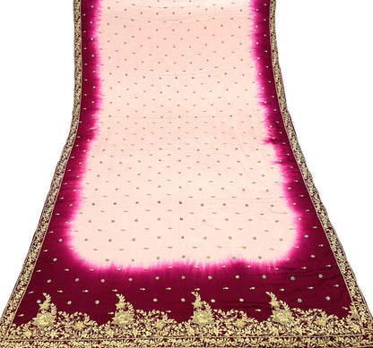 Indian Vintage Heavy Wedding Peach & Maroon Dupatta Pure Satin Silk Long Stole Hand Embroidered Scarves Golden Zardozi Veil