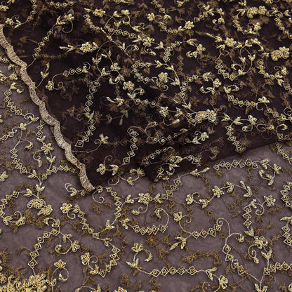 Indian Vintage Heavy Brown Dupatta Net Mesh Long Stole Hand Embroidered Scarf Zardozi Zari Sequins Stole Bridal Veil