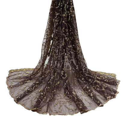 Indian Vintage Heavy Brown Dupatta Net Mesh Long Stole Hand Embroidered Scarf Zardozi Zari Sequins Stole Bridal Veil