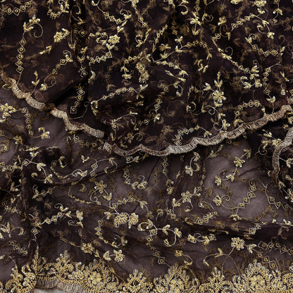 Indian Vintage Heavy Brown Dupatta Net Mesh Long Stole Hand Embroidered Scarf Zardozi Zari Sequins Stole Bridal Veil