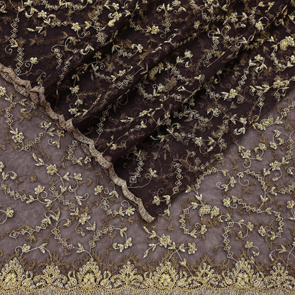 Indian Vintage Heavy Brown Dupatta Net Mesh Long Stole Hand Embroidered Scarf Zardozi Zari Sequins Stole Bridal Veil