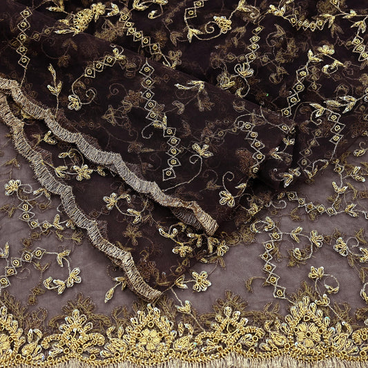 Indian Vintage Heavy Brown Dupatta Net Mesh Long Stole Hand Embroidered Scarf Zardozi Zari Sequins Stole Bridal Veil