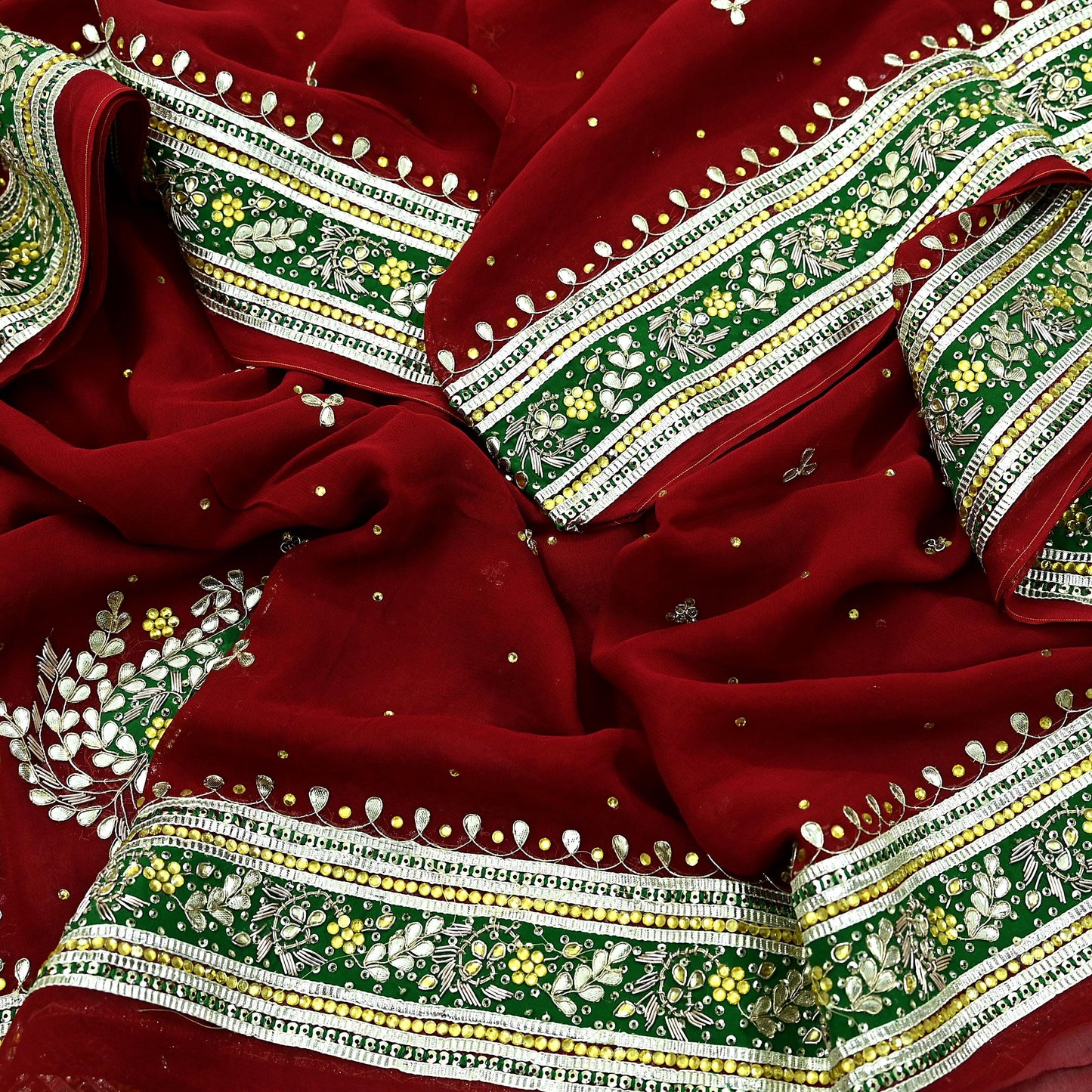 Indian Vintage Heavy Dark Red Dupatta Blend Georgette Long Stole Hand Embroidered Gota Patti Scarves Zardozi Wedding Bridal Veil