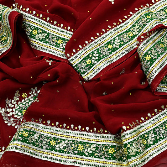 Indian Vintage Heavy Dark Red Dupatta Blend Georgette Long Stole Hand Embroidered Gota Patti Scarves Zardozi Wedding Bridal Veil