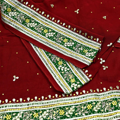 Indian Vintage Heavy Dark Red Dupatta Blend Georgette Long Stole Hand Embroidered Gota Patti Scarves Zardozi Wedding Bridal Veil