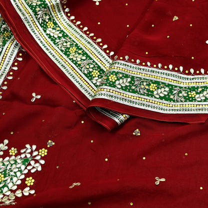 Indian Vintage Heavy Dark Red Dupatta Blend Georgette Long Stole Hand Embroidered Gota Patti Scarves Zardozi Wedding Bridal Veil