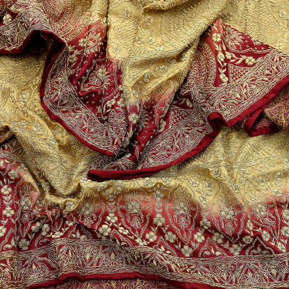 Indian Vintage Heavy Wedding Beige & Red Dupatta Pure Satin Silk Long Stole Hand Embroidered Scarves Golden Zardozi Veil