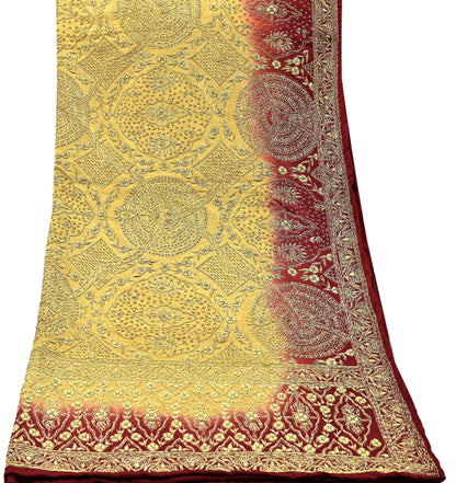 Indian Vintage Heavy Wedding Beige & Red Dupatta Pure Satin Silk Long Stole Hand Embroidered Scarves Golden Zardozi Veil