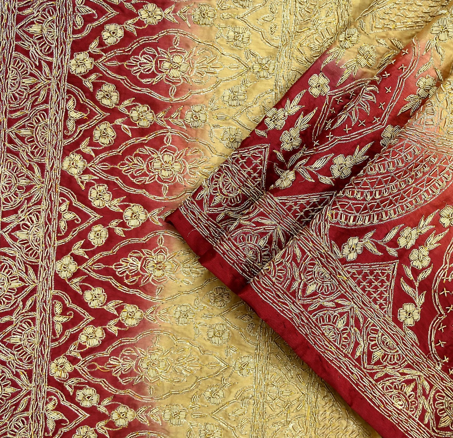Indian Vintage Heavy Wedding Beige & Red Dupatta Pure Satin Silk Long Stole Hand Embroidered Scarves Golden Zardozi Veil