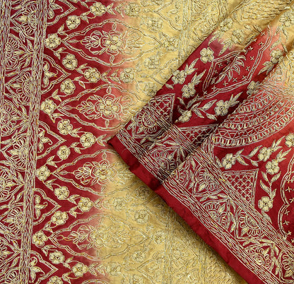 Indian Vintage Heavy Wedding Beige & Red Dupatta Pure Satin Silk Long Stole Hand Embroidered Scarves Golden Zardozi Veil