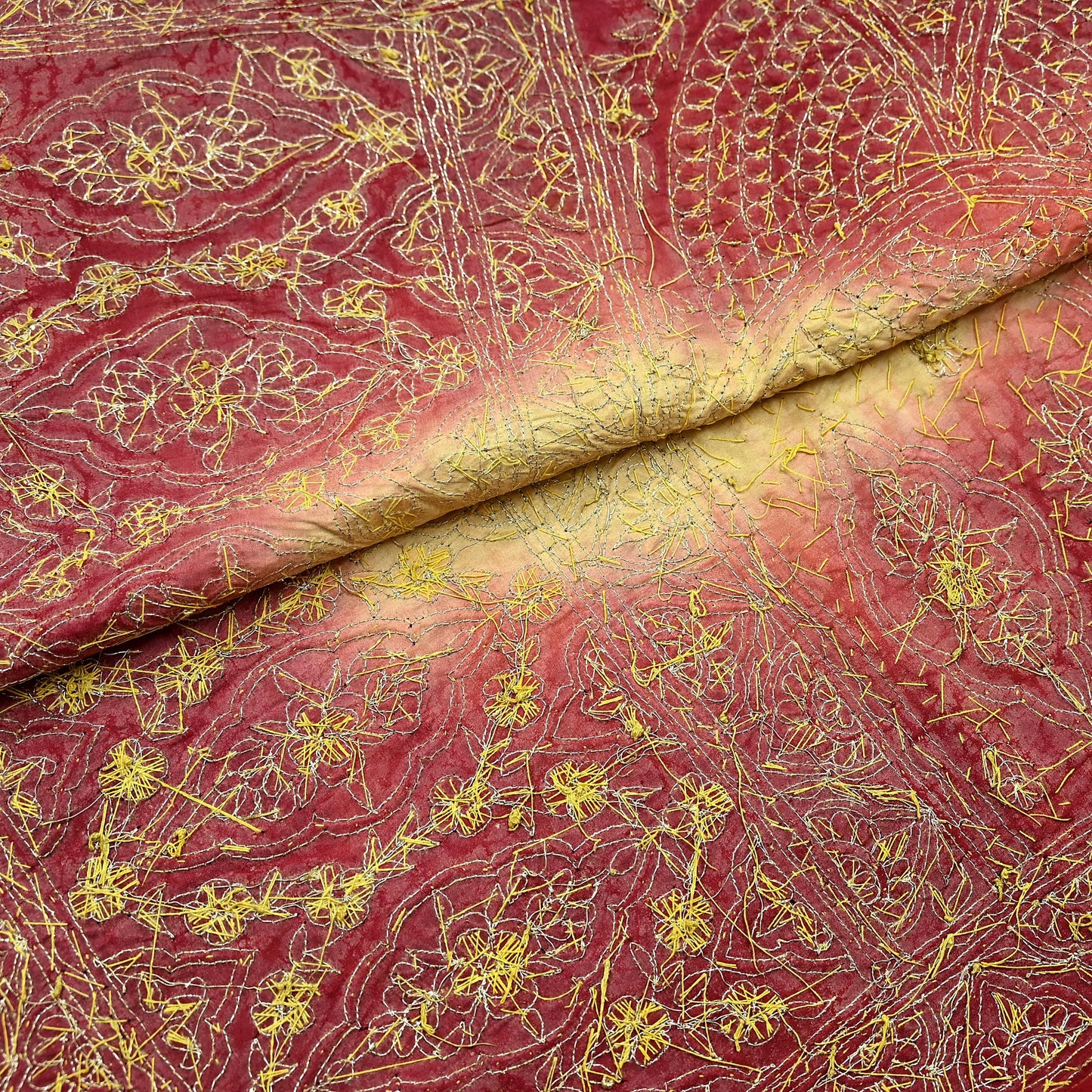 Indian Vintage Heavy Wedding Beige & Red Dupatta Pure Satin Silk Long Stole Hand Embroidered Scarves Golden Zardozi Veil