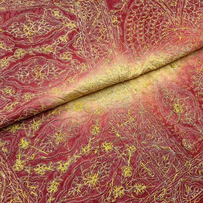 Indian Vintage Heavy Wedding Beige & Red Dupatta Pure Satin Silk Long Stole Hand Embroidered Scarves Golden Zardozi Veil