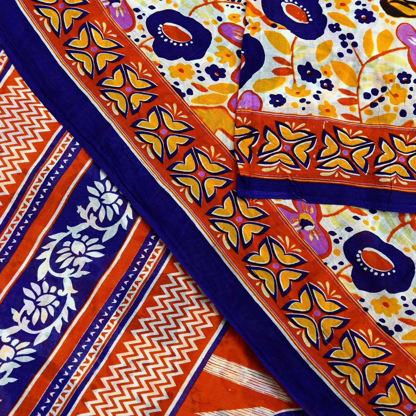 Indian Vintage Sari Orange & White Printed Pure Cotton Saree Craft Fabric 5Yd Soft Sewing Sarong Wrap Boho Dress making Crafting Quilting