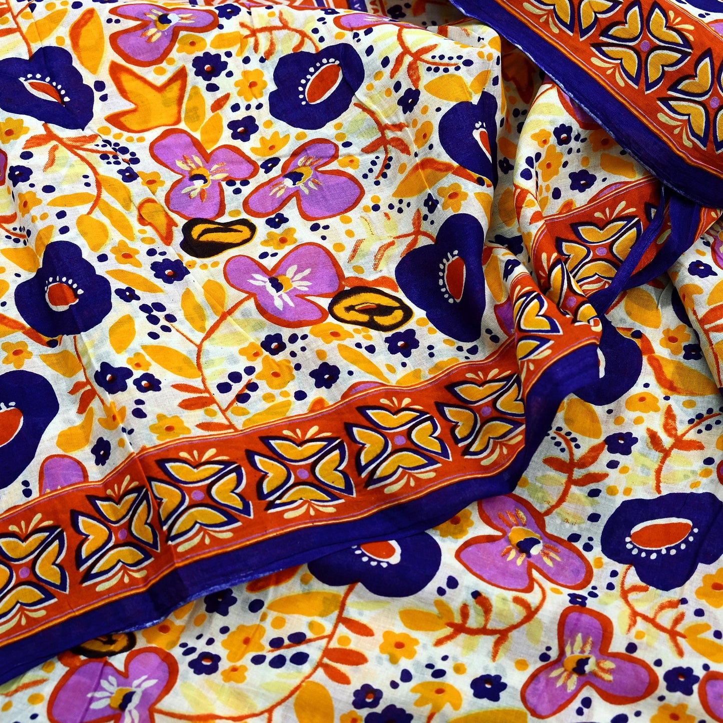 Indian Vintage Sari Orange & White Printed Pure Cotton Saree Craft Fabric 5Yd Soft Sewing Sarong Wrap Boho Dress making Crafting Quilting