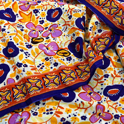 Indian Vintage Sari Orange & White Printed Pure Cotton Saree Craft Fabric 5Yd Soft Sewing Sarong Wrap Boho Dress making Crafting Quilting
