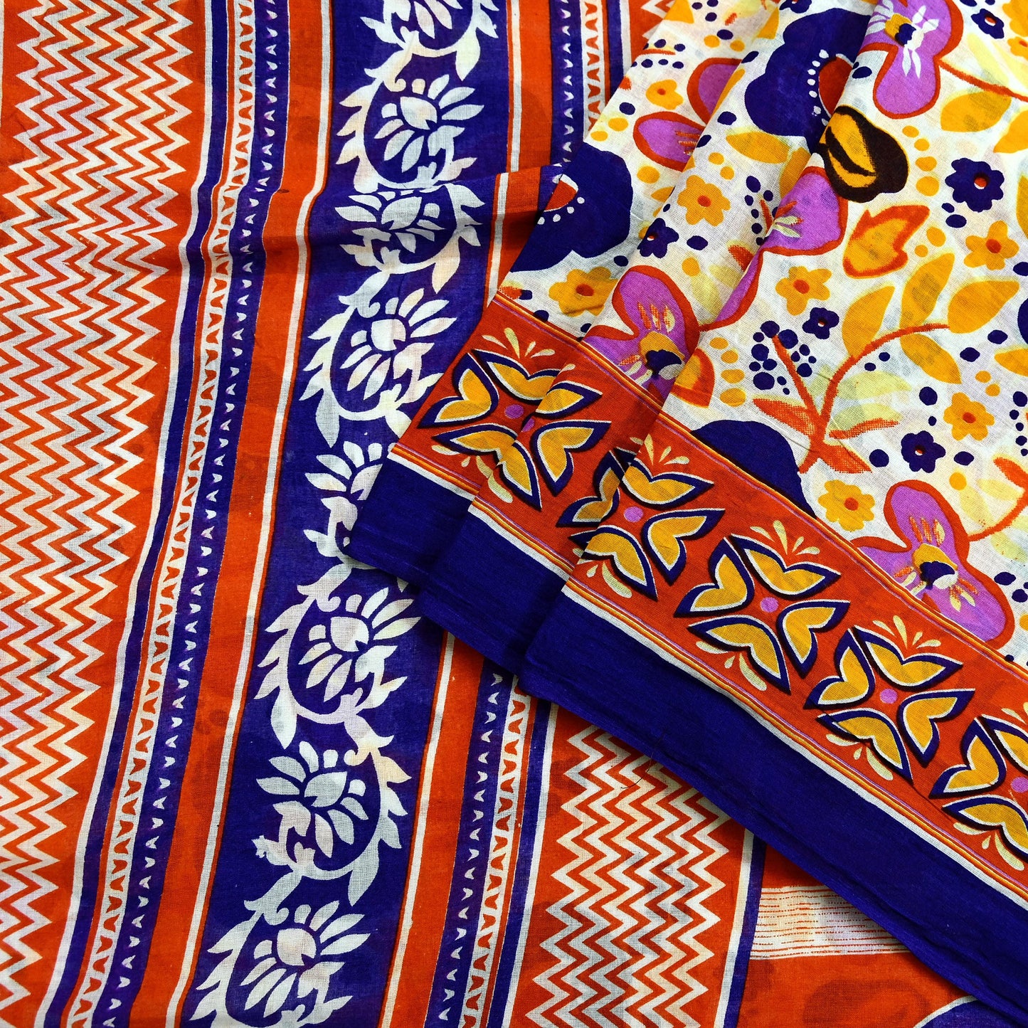 Indian Vintage Sari Orange & White Printed Pure Cotton Saree Craft Fabric 5Yd Soft Sewing Sarong Wrap Boho Dress making Crafting Quilting