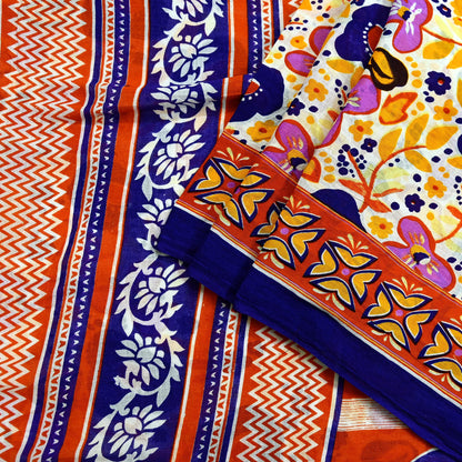 Indian Vintage Sari Orange & White Printed Pure Cotton Saree Craft Fabric 5Yd Soft Sewing Sarong Wrap Boho Dress making Crafting Quilting