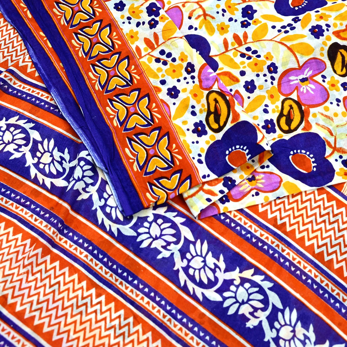 Indian Vintage Sari Orange & White Printed Pure Cotton Saree Craft Fabric 5Yd Soft Sewing Sarong Wrap Boho Dress making Crafting Quilting