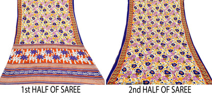 Indian Vintage Sari Orange & White Printed Pure Cotton Saree Craft Fabric 5Yd Soft Sewing Sarong Wrap Boho Dress making Crafting Quilting