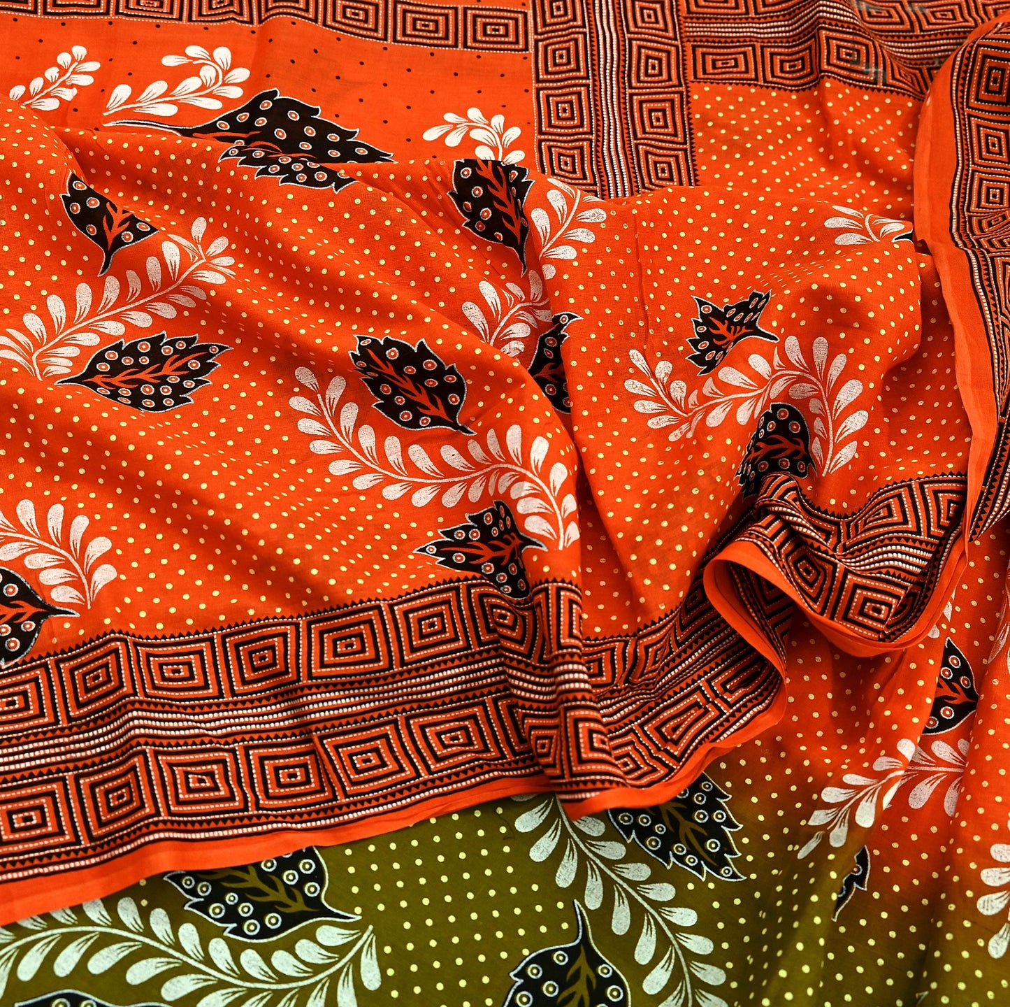 Indian Vintage Sari Green & Orange Printed Pure Cotton Sarees Craft Soft Fabric 5Yd Sewing Sarong Wrap Boho Floral Upcycle Dress making