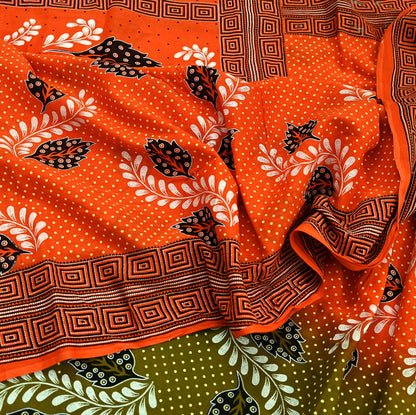 Indian Vintage Sari Green & Orange Printed Pure Cotton Sarees Craft Soft Fabric 5Yd Sewing Sarong Wrap Boho Floral Upcycle Dress making