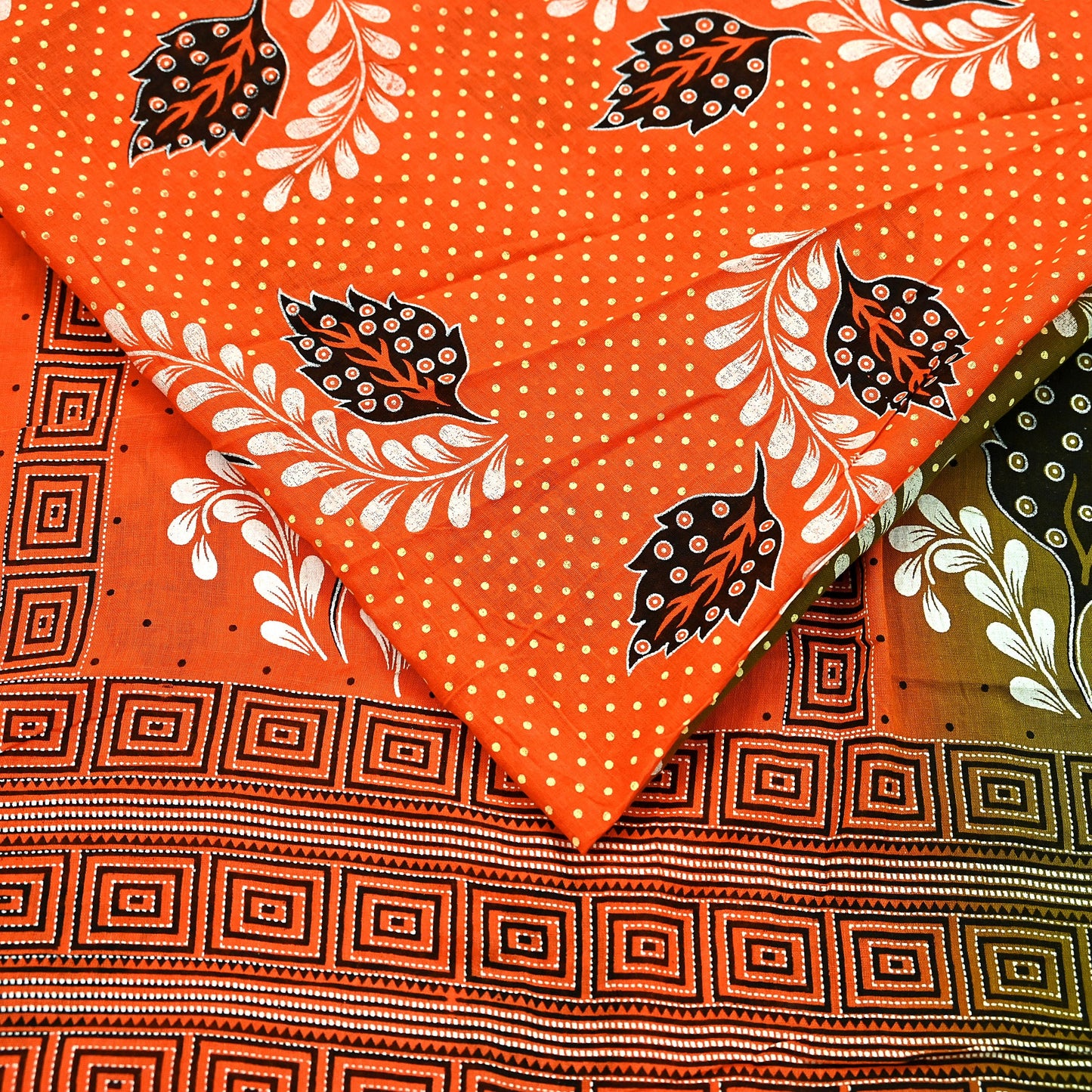 Indian Vintage Sari Green & Orange Printed Pure Cotton Sarees Craft Soft Fabric 5Yd Sewing Sarong Wrap Boho Floral Upcycle Dress making