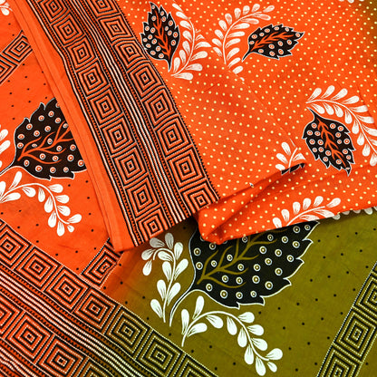 Indian Vintage Sari Green & Orange Printed Pure Cotton Sarees Craft Soft Fabric 5Yd Sewing Sarong Wrap Boho Floral Upcycle Dress making