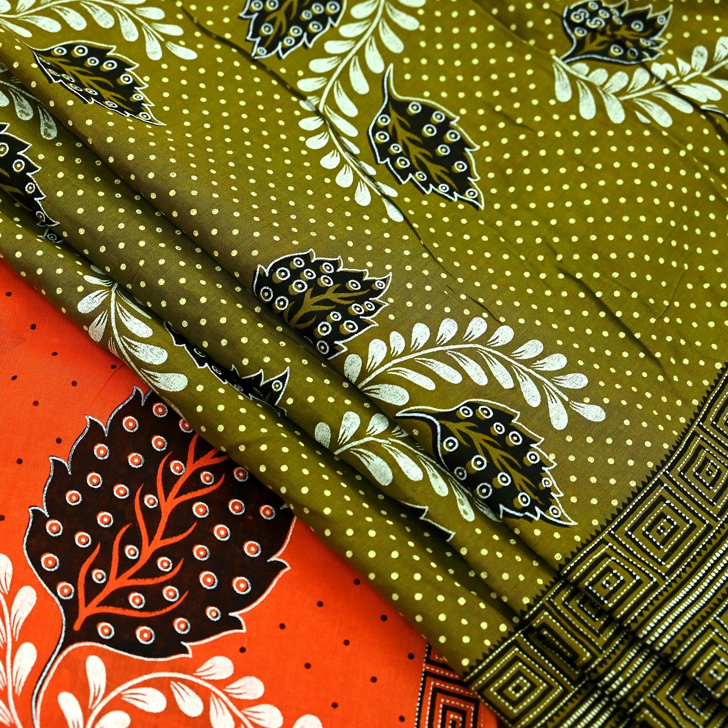 Indian Vintage Sari Green & Orange Printed Pure Cotton Sarees Craft Soft Fabric 5Yd Sewing Sarong Wrap Boho Floral Upcycle Dress making