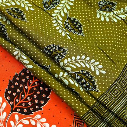 Indian Vintage Sari Green & Orange Printed Pure Cotton Sarees Craft Soft Fabric 5Yd Sewing Sarong Wrap Boho Floral Upcycle Dress making