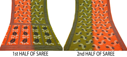 Indian Vintage Sari Green & Orange Printed Pure Cotton Sarees Craft Soft Fabric 5Yd Sewing Sarong Wrap Boho Floral Upcycle Dress making