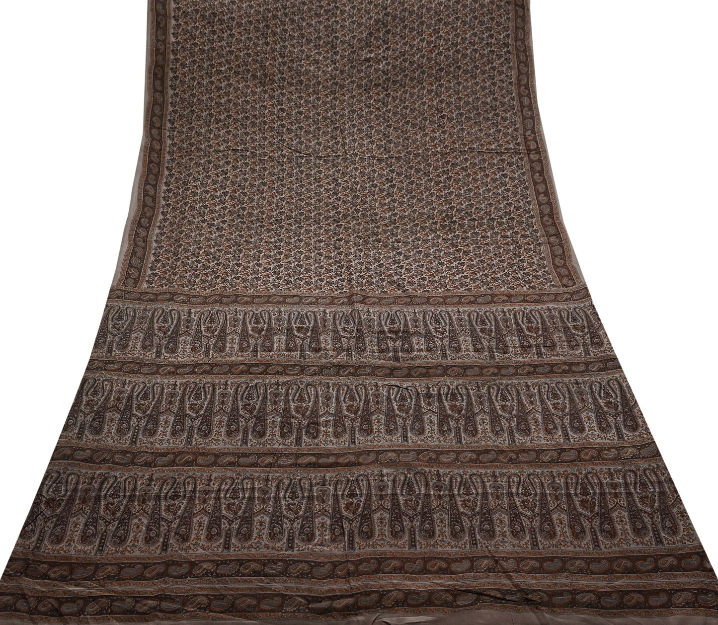 Indian Vintage Brown Saree Pure Crepe Silk Block Printed Sari 5yd Sewing Floral Soft Craft Fabric Wrap Dress Making Crafting Quilting
