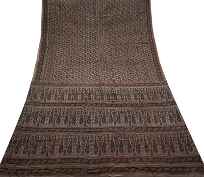Indian Vintage Brown Saree Pure Crepe Silk Block Printed Sari 5yd Sewing Floral Soft Craft Fabric Wrap Dress Making Crafting Quilting