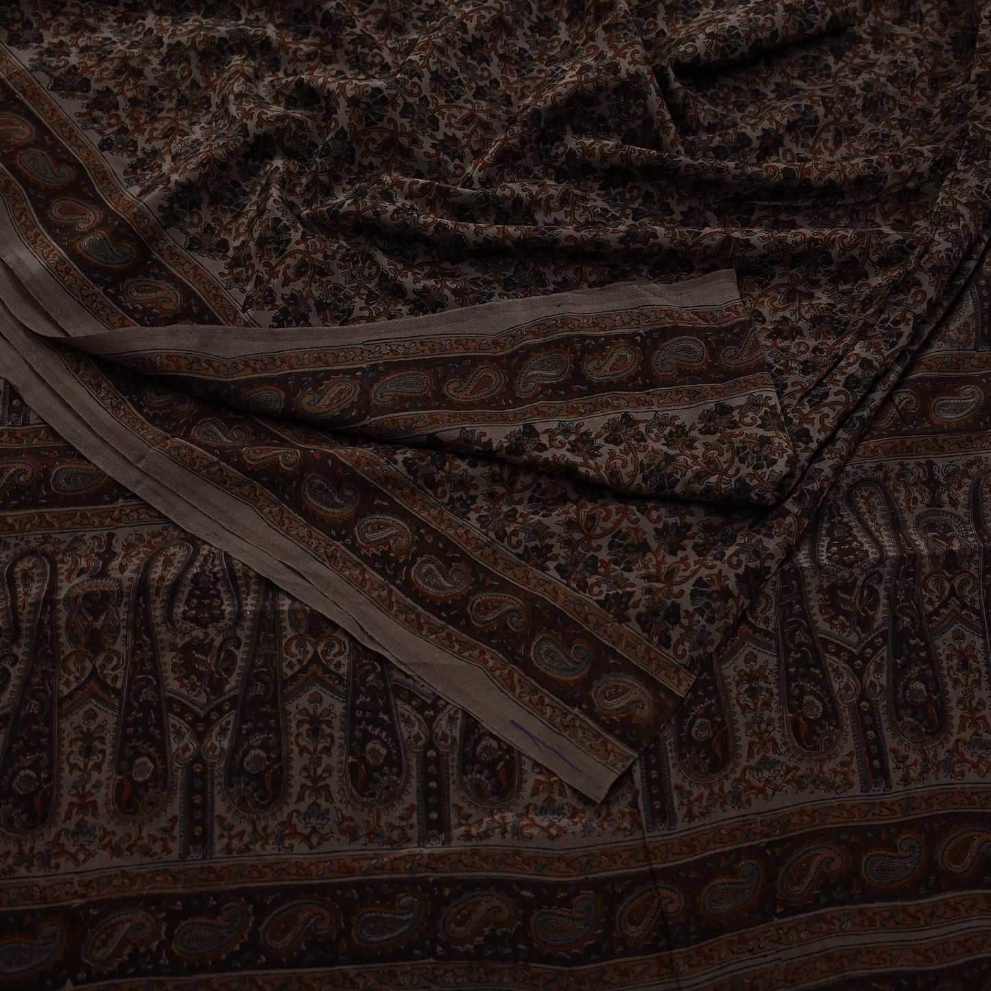 Indian Vintage Brown Saree Pure Crepe Silk Block Printed Sari 5yd Sewing Floral Soft Craft Fabric Wrap Dress Making Crafting Quilting