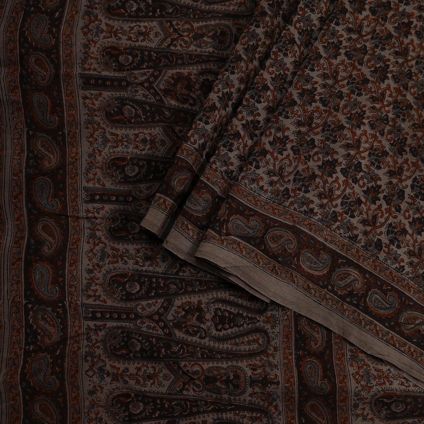 Indian Vintage Brown Saree Pure Crepe Silk Block Printed Sari 5yd Sewing Floral Soft Craft Fabric Wrap Dress Making Crafting Quilting