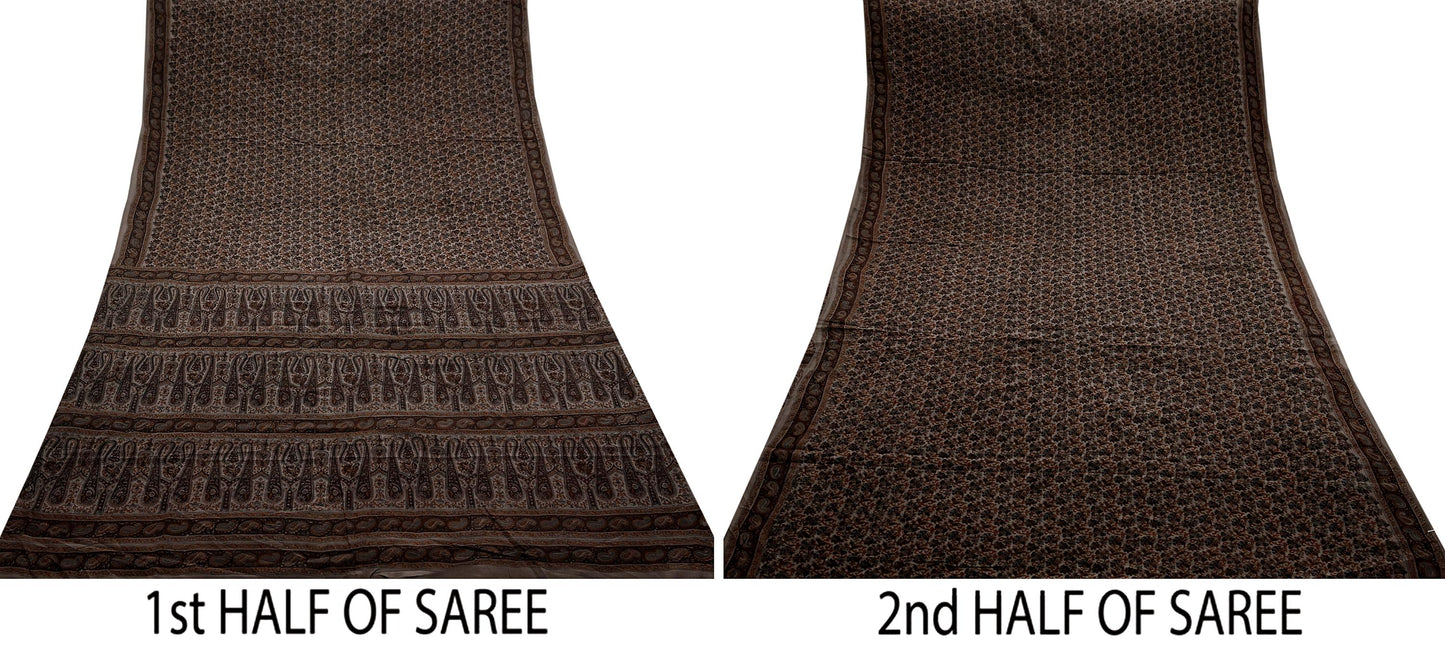 Indian Vintage Brown Saree Pure Crepe Silk Block Printed Sari 5yd Sewing Floral Soft Craft Fabric Wrap Dress Making Crafting Quilting