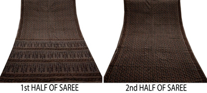 Indian Vintage Brown Saree Pure Crepe Silk Block Printed Sari 5yd Sewing Floral Soft Craft Fabric Wrap Dress Making Crafting Quilting
