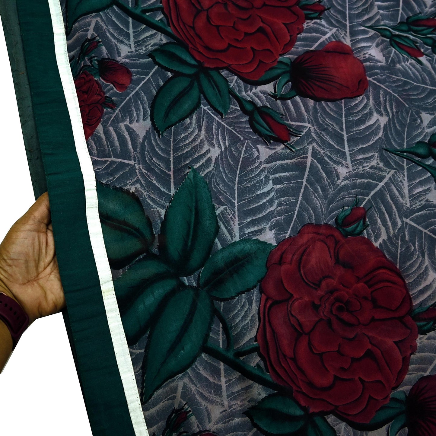 Women Vintage Sari Red & Gray Pure Georgette Silk Printed Saree Craft Fabric Sewing 5Yard Soft Light Dress Making Floral Quilting Crafting