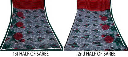 Women Vintage Sari Red & Gray Pure Georgette Silk Printed Saree Craft Fabric Sewing 5Yard Soft Light Dress Making Floral Quilting Crafting