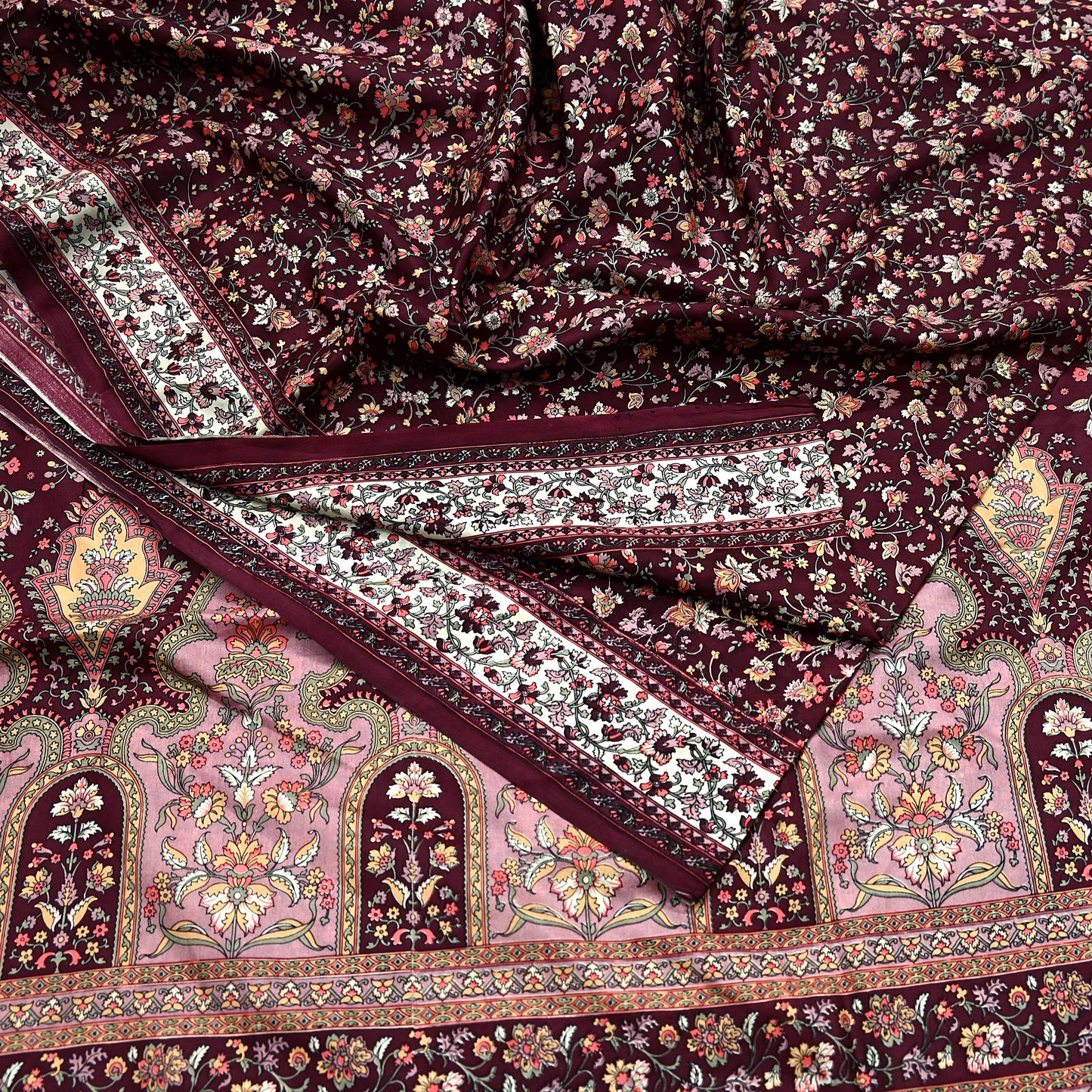 Indian Vintage Sari Maroon 100% Pure Silk Printed Sarees 5yd Craft Fabric Sewing Soft Dress Making Floral Quilting Crafting Upcycle Used