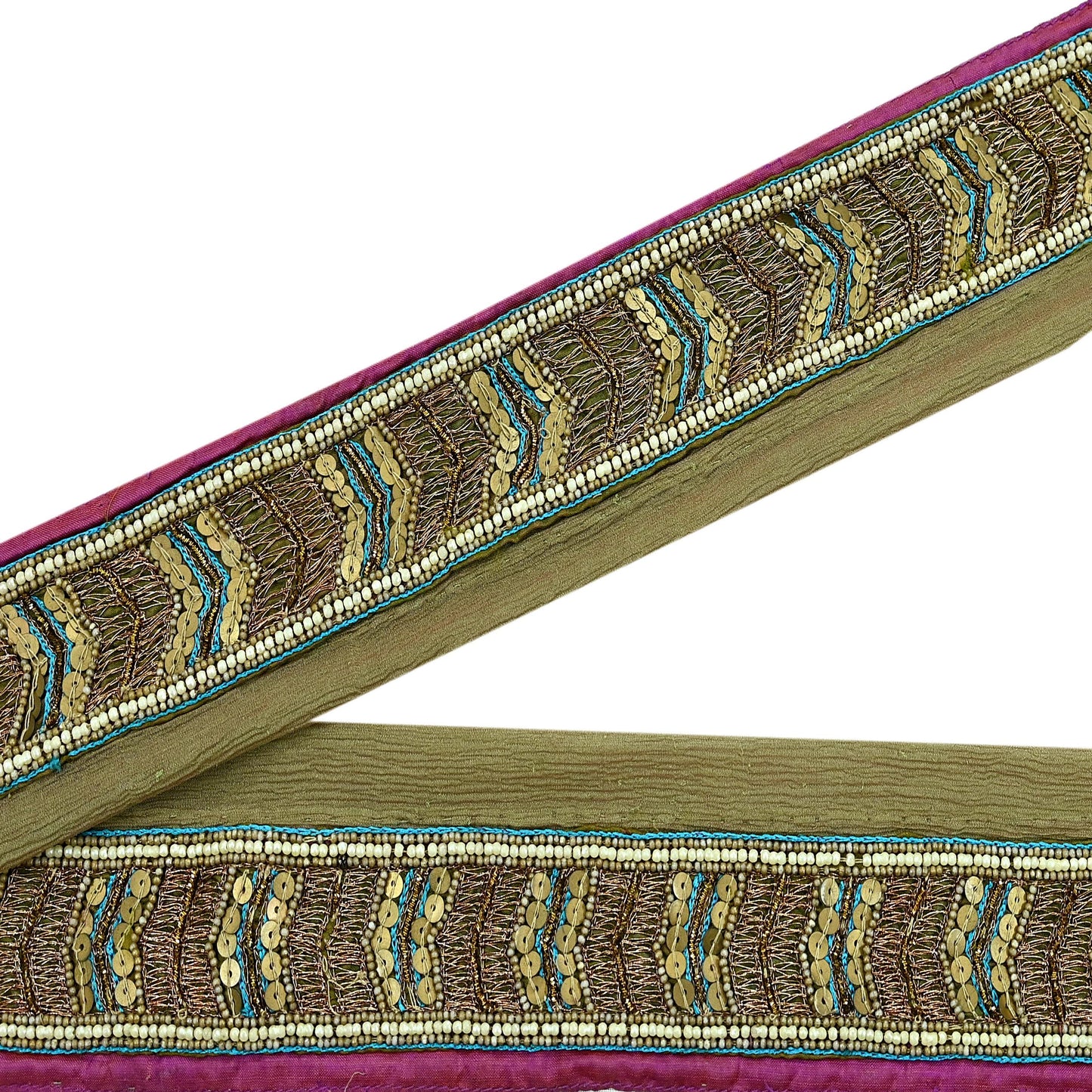 Indian Vintage Green Sari Border Hand Embroidered Craft Trim 1Yd Lace Sewing Sari Ribbon Pure silk  Zardozi/Dabka Zari