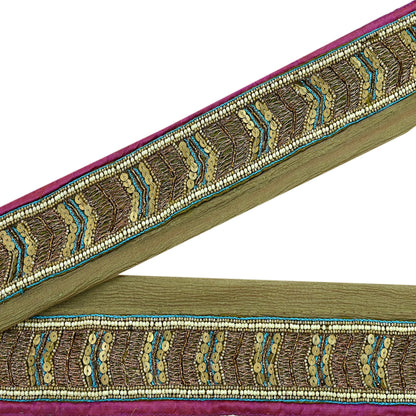 Indian Vintage Green Sari Border Hand Embroidered Craft Trim 1Yd Lace Sewing Sari Ribbon Pure silk  Zardozi/Dabka Zari