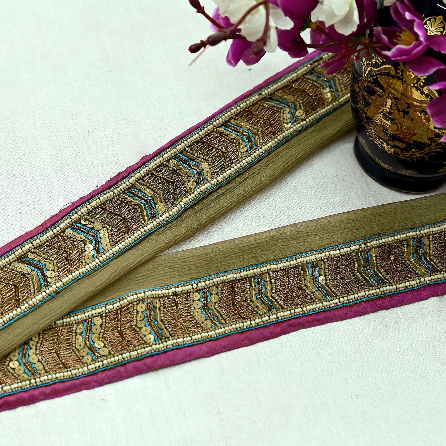 Indian Vintage Green Sari Border Hand Embroidered Craft Trim 1Yd Lace Sewing Sari Ribbon Pure silk  Zardozi/Dabka Zari