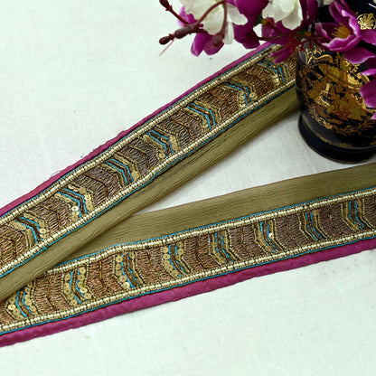 Indian Vintage Green Sari Border Hand Embroidered Craft Trim 1Yd Lace Sewing Sari Ribbon Pure silk  Zardozi/Dabka Zari